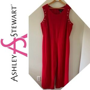 Ashley Stewart Red Sleeveless Jumpsuit Dressy Classy Gold Accent NWT Women's 26